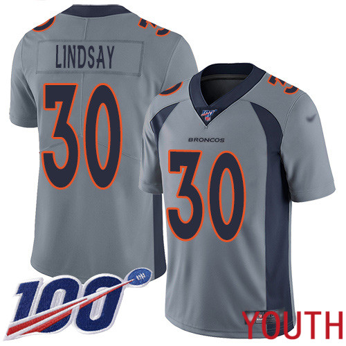 Youth Denver Broncos #30 Phillip Lindsay Limited Silver Inverted Legend 100th Season Football NFL Jersey->youth nfl jersey->Youth Jersey